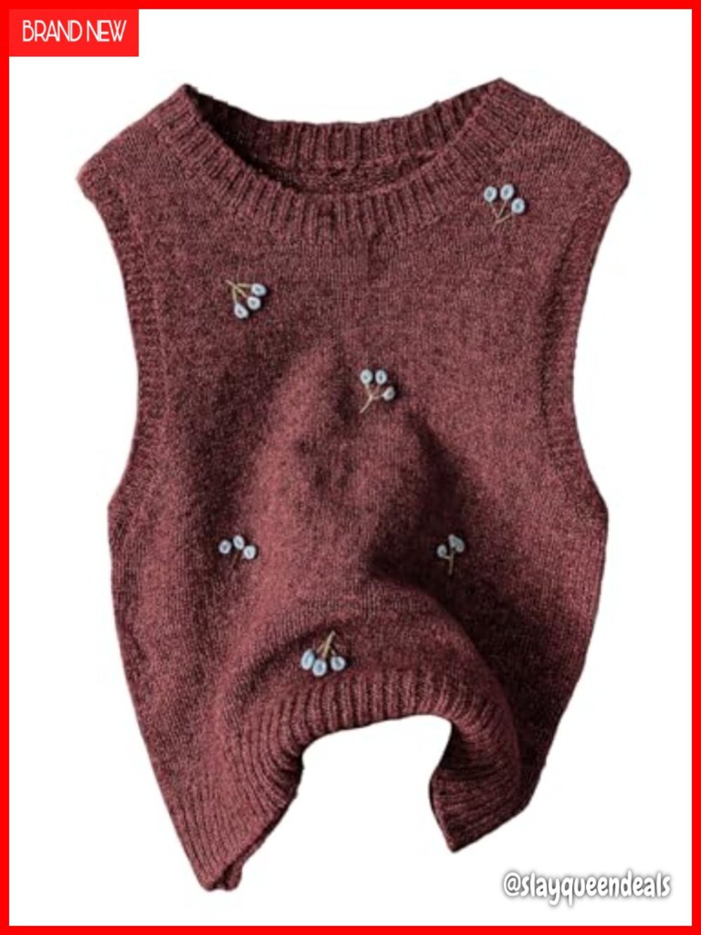 Sweater Vest Embroidered Sleeveless Knit Top Crew Neck Pullover
